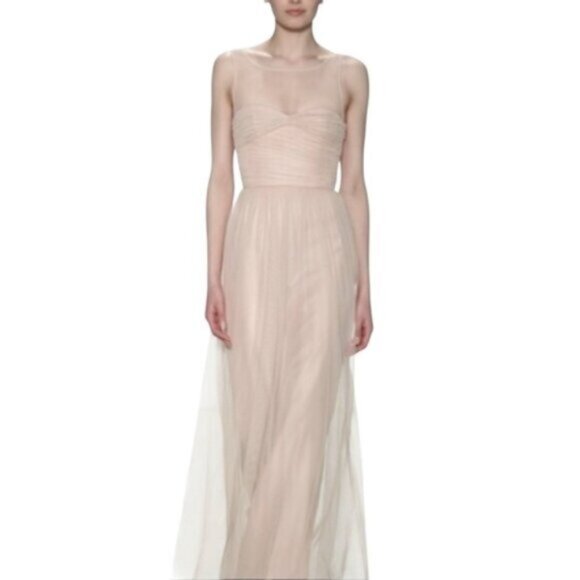 Reverly Blush Tulle Illusion Neckline Evening Gown - Picture 1 of 13